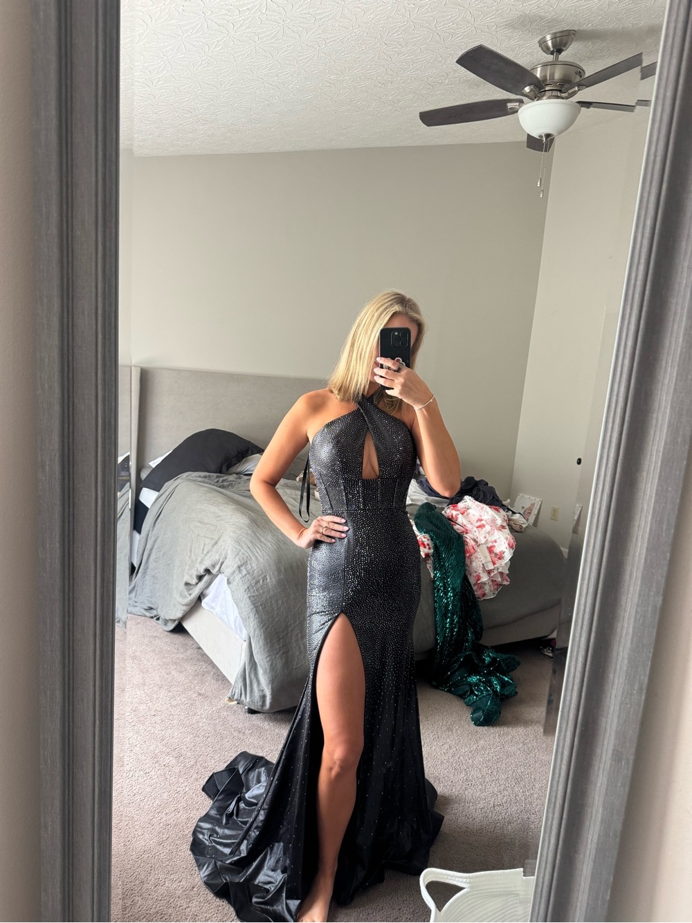 Jovani Black Sparkle Halter Evening Gown with Front Slit